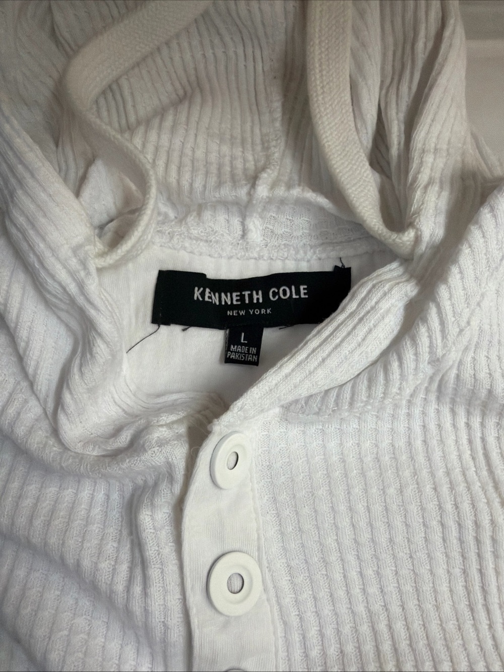 Kenneth Cole White Ribbed button Up Henley Hoodie